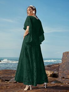 Butterfly Sleeve Lace A-line Dress - Dark Green - View 2