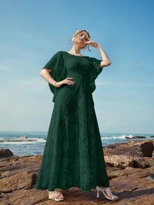 Butterfly Sleeve Lace A-line Dress - Dark Green - View 3