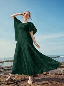 Butterfly Sleeve Lace A-line Dress - Dark Green - View 4