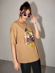 SHEIN 熱帶印花和字母圖案落肩袖超大號T恤 - 駝色 - 查看 2
