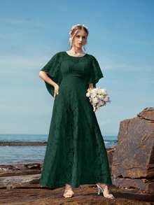 Butterfly Sleeve Lace A-line Dress - Dark Green - View 5