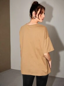 SHEIN 熱帶印花和字母圖案落肩袖超大號T恤 - 駝色 - 查看 3