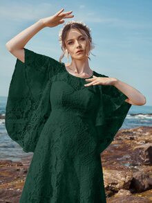 Butterfly Sleeve Lace A-line Dress - Dark Green - View 6
