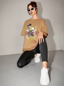 SHEIN 熱帶印花和字母圖案落肩袖超大號T恤 - 駝色 - 查看 1