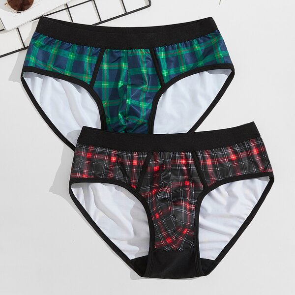 

Men 2pcs Plaid Brief, Multicolor
