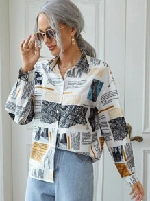 SHEIN Newspaper Print Button Front Shirt - Multicolor - View 1