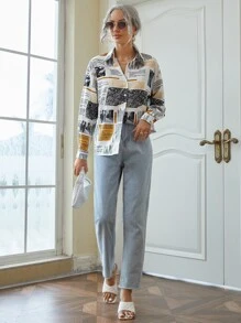 SHEIN Newspaper Print Button Front Shirt - Multicolor - View 3