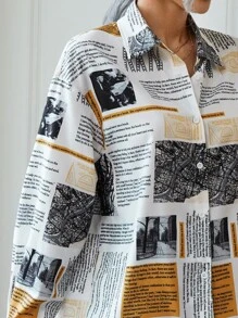 SHEIN Newspaper Print Button Front Shirt - Multicolor - View 5