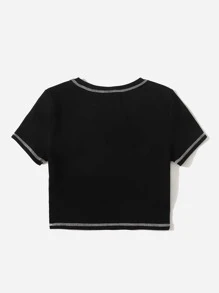 SHEIN Teen Girls Butterfly Rhinestone Topstitching Tee - Black - View 2