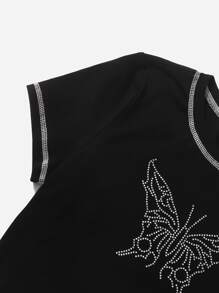 SHEIN Teen Girls Butterfly Rhinestone Topstitching Tee - Black - View 3