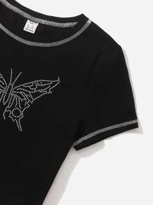 SHEIN Teen Girls Butterfly Rhinestone Topstitching Tee - Black - View 4
