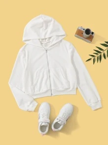 SHEIN 少女连帽运动卫衣，休闲长袖青少年女童卫衣 - 白色 - 查看 1