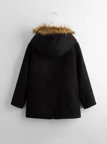 SHEIN Áo bành tô cho bé trai Tương phản lông thú giả Túi Dây kéo màu trơn Giải trí - màu đen - Xem 2