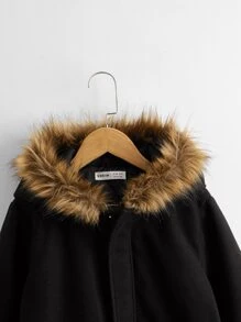 SHEIN Áo bành tô cho bé trai Tương phản lông thú giả Túi Dây kéo màu trơn Giải trí - màu đen - Xem 4