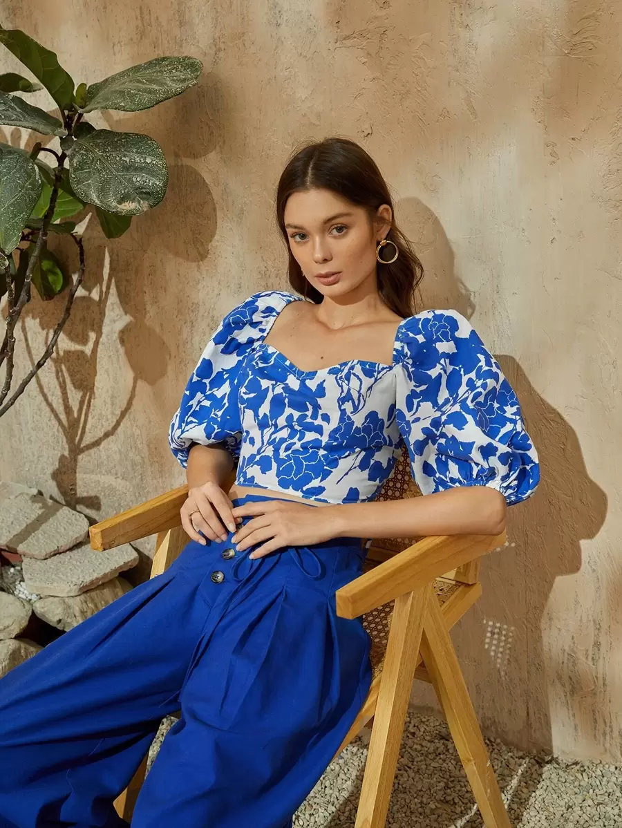 SHEIN VCAY Áo sơ mi Lộ Lưng Ren lên Hoa Boho - Xanh và trắng - Xem 1