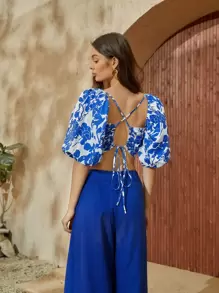 SHEIN VCAY Áo sơ mi Lộ Lưng Ren lên Hoa Boho - Xanh và trắng - Xem 2