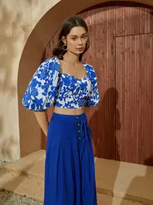 SHEIN VCAY Áo sơ mi Lộ Lưng Ren lên Hoa Boho - Xanh và trắng - Xem 4