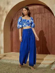 SHEIN VCAY Áo sơ mi Lộ Lưng Ren lên Hoa Boho - Xanh và trắng - Xem 5