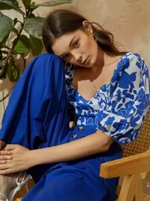 SHEIN VCAY Áo sơ mi Lộ Lưng Ren lên Hoa Boho - Xanh và trắng - Xem 6