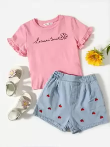 SHEIN Leap Crew Toddler Girls Frill Cuff Cartoon Graphic Tee - Pink - View 5