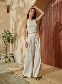 SHEIN VCAY 後綁帶露背掛脖上衣和闊腿褲 - 米色 - 查看 6