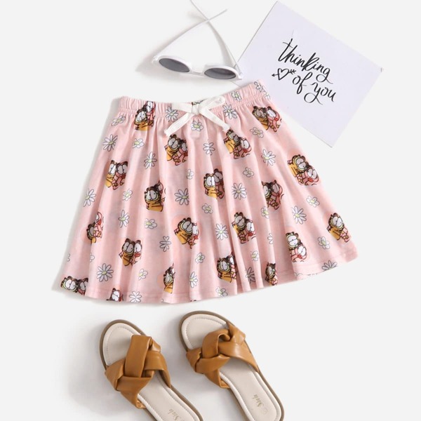 

Toddler Girls Cartoon Graphic Knot Waist Skirt, Coral pink
