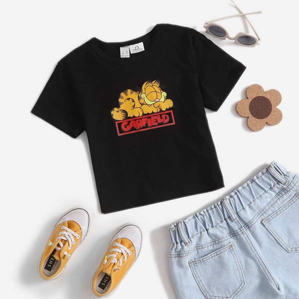 

Toddler Girls Letter & Cartoon Graphic Tee, Black