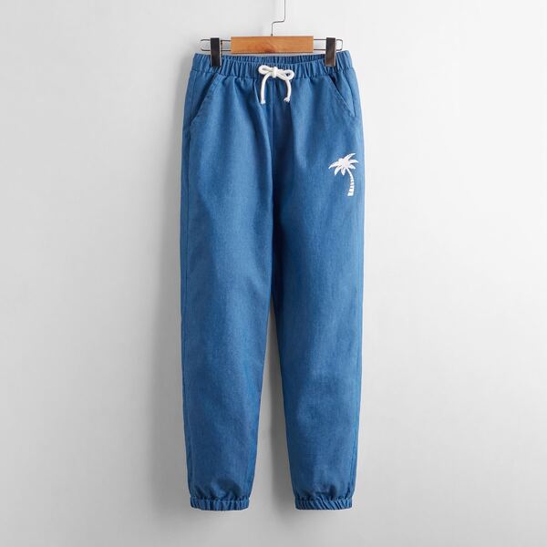 

Boys Coconut Tree Print Slant Pocket Drawstring Waist Pants, Blue