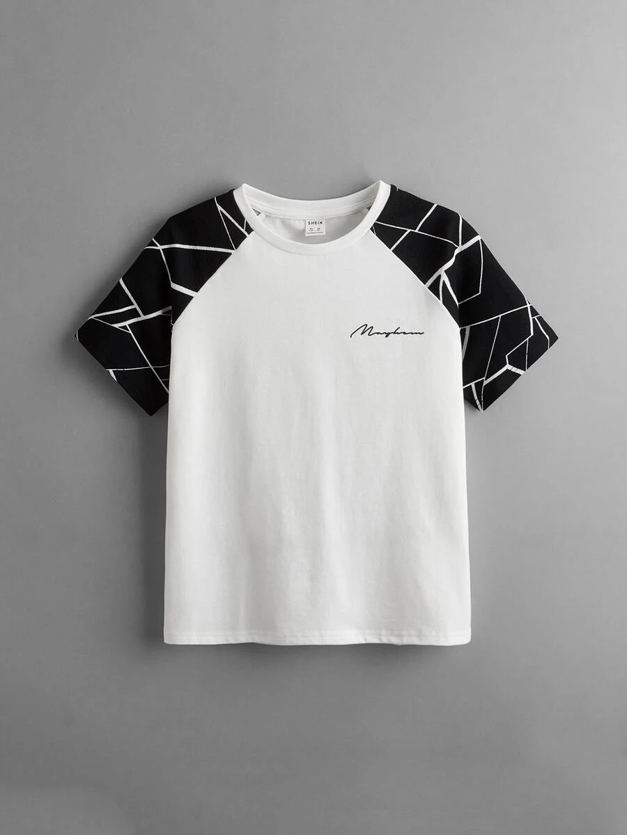 SHEIN Boys Letter Graphic Contrast Geo Raglan Sleeve Tee - White - View 1