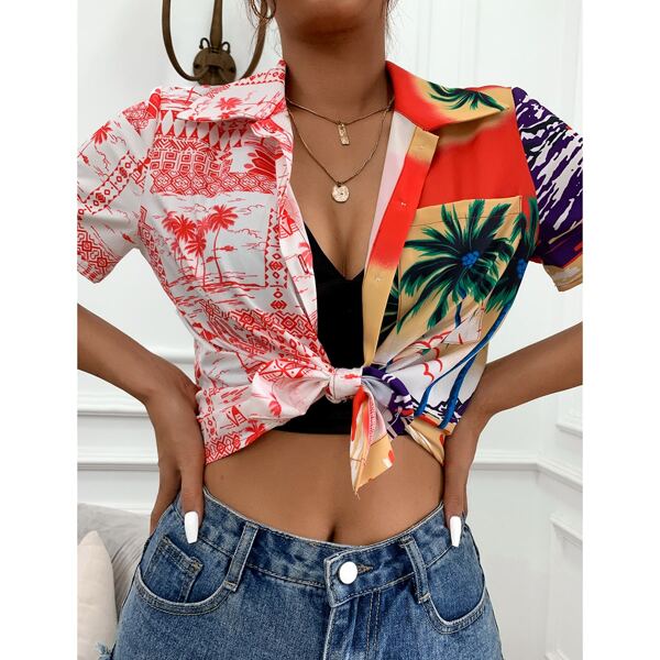 

Plants Print Button Front Blouse, Multicolor