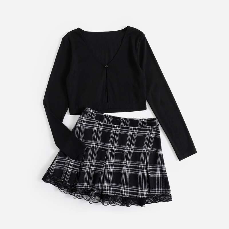 

Solid Crop Top & Tartan Pattern Lace Panel Skirt, Black