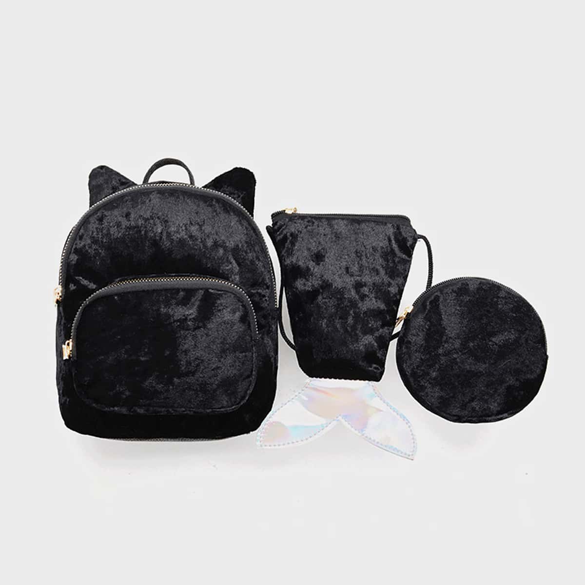 

3pcs Fluffy Backpack Set, Black