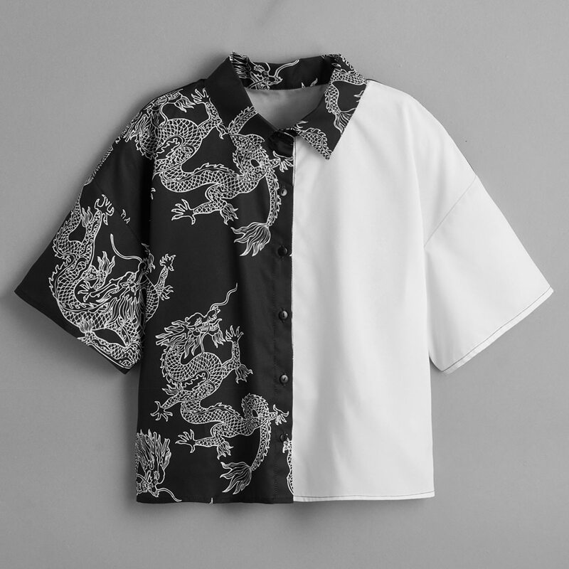 

Contrast Chinese Dragon Graphic Button Front Blouse, Black and white