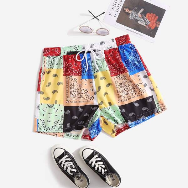 

Plus Patchwork Drawstring Shorts, Multicolor