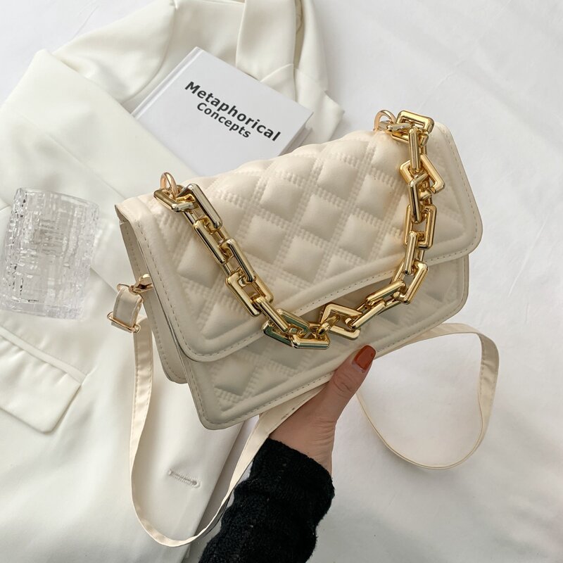 

Chain Decor Quilted Satchel Bag, Beige