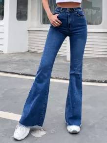 High-rise Raw Hem Flare Jeans - Dark Wash - View 1