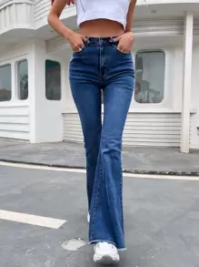 High-rise Raw Hem Flare Jeans - Dark Wash - View 3
