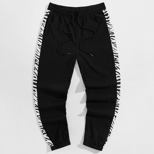 

Men Zebra Stripe Sideseam Drawstring Sweatpants, Black
