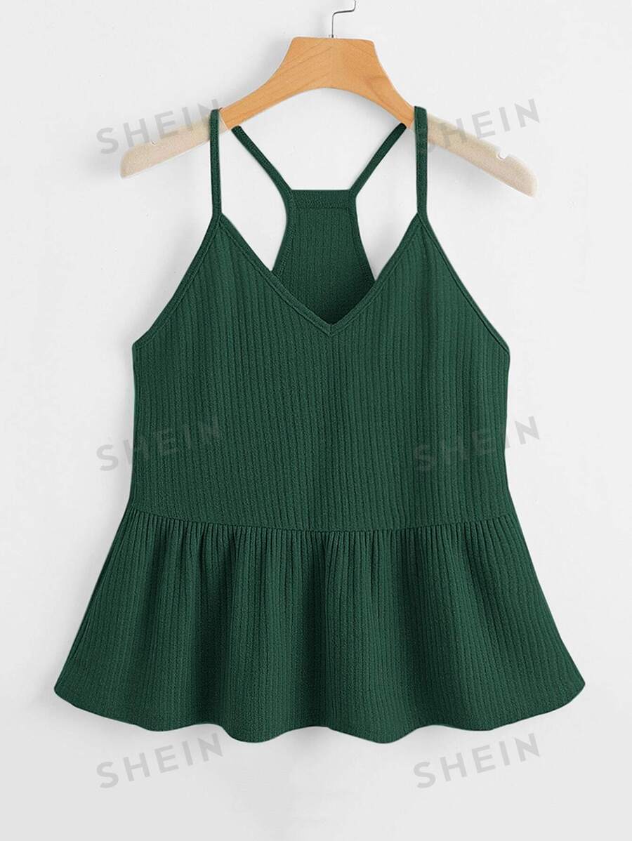 SHEIN VCAY Top cu tricot cu tricot cu volane - Verde inchis - Vizualizare 1
