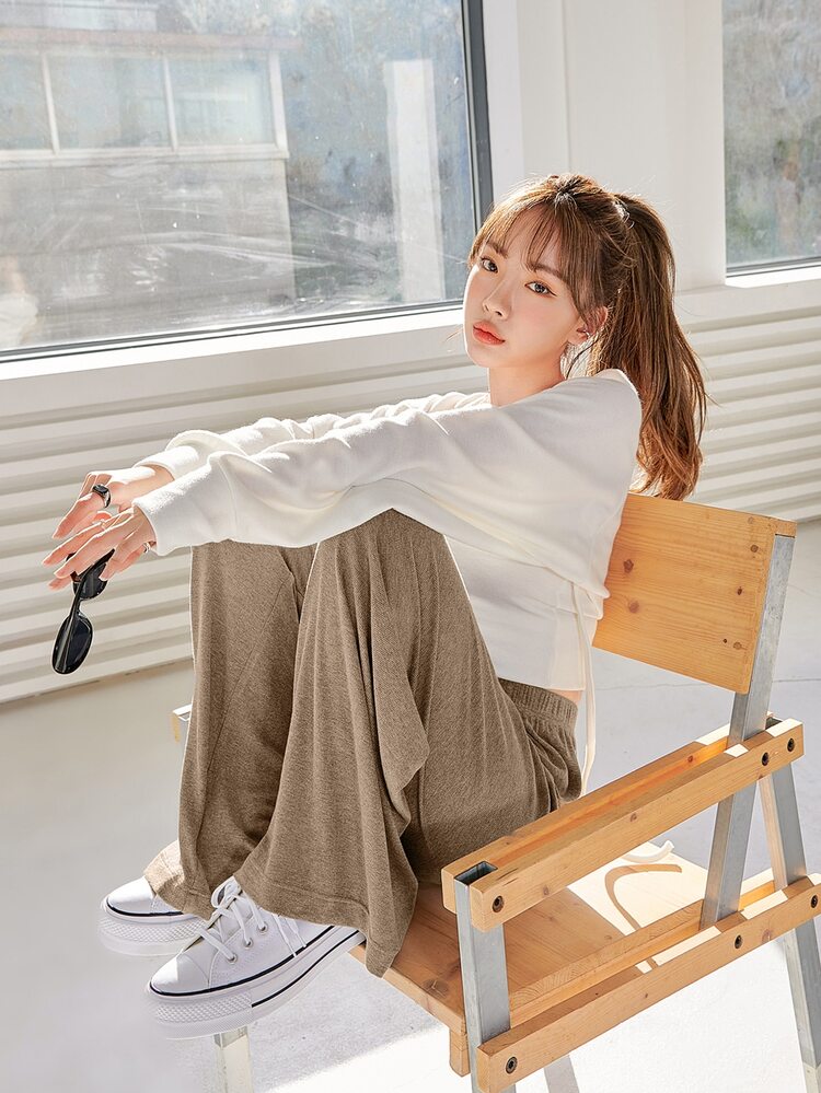 DAZY Solid Wide Leg Joggers - Coffee Brown - View 7