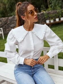 Blusa de cuello exagerado fruncido con botón - Blanco - Ver 1