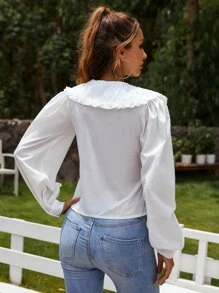 Blusa de cuello exagerado fruncido con botón - Blanco - Ver 2