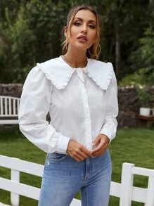 Blusa de cuello exagerado fruncido con botón - Blanco - Ver 4