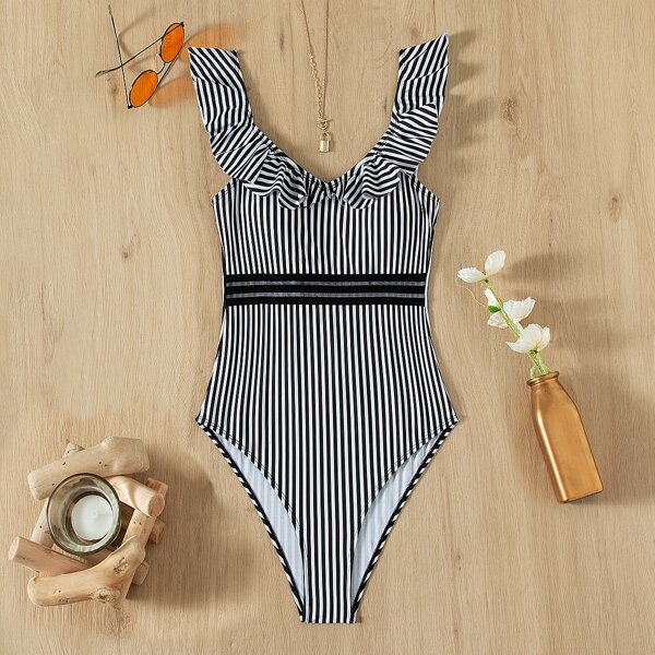 

Striped Ruffle One Piece Swimsuit, Black and white