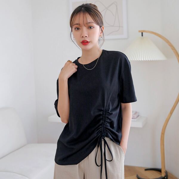 

Solid Drawstring Detail Tee, Black