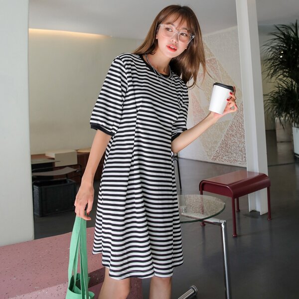

Stripe Puff Sleeve Tee Dress, Black and white