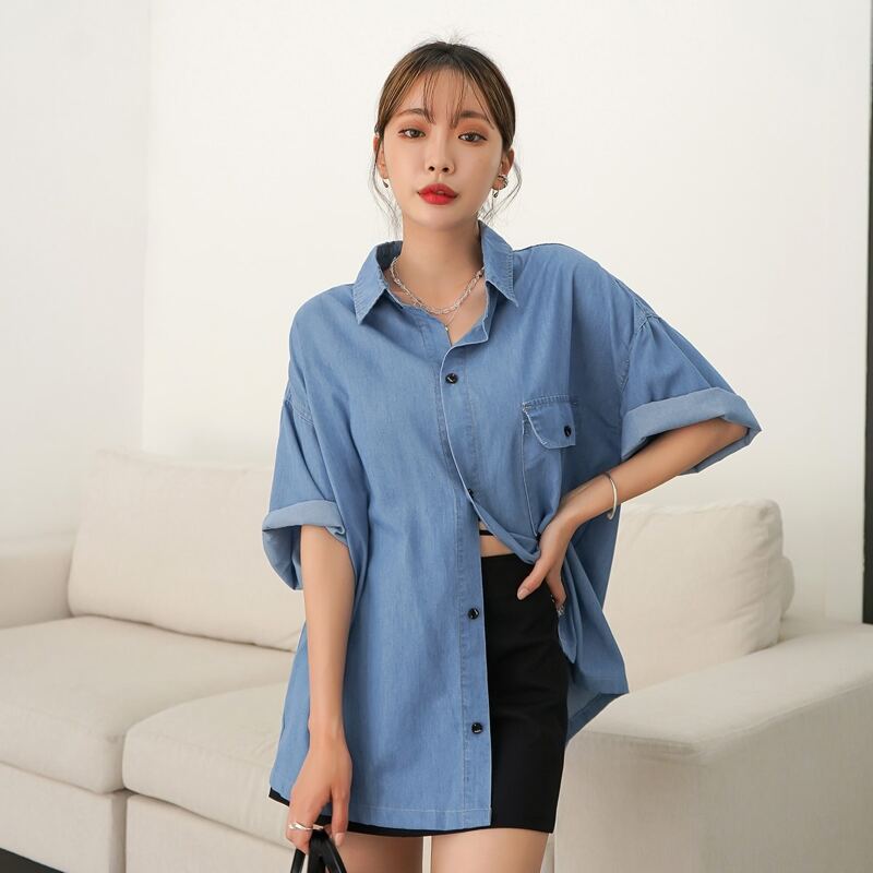 

Solid Button Through Denim Top, Medium wash