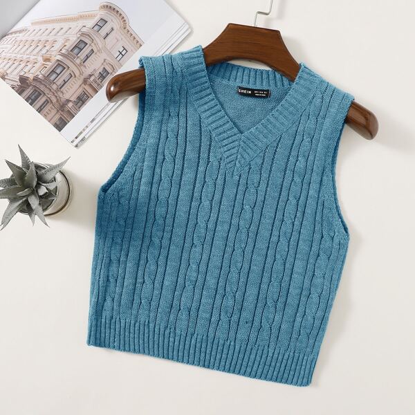 

V Neck Cable Knit Sweater Vest, Blue