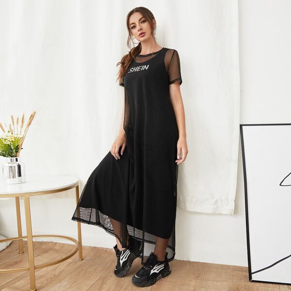 

Mesh Overlay Tunic Dress & Letter Graphic Tank Dress, Black
