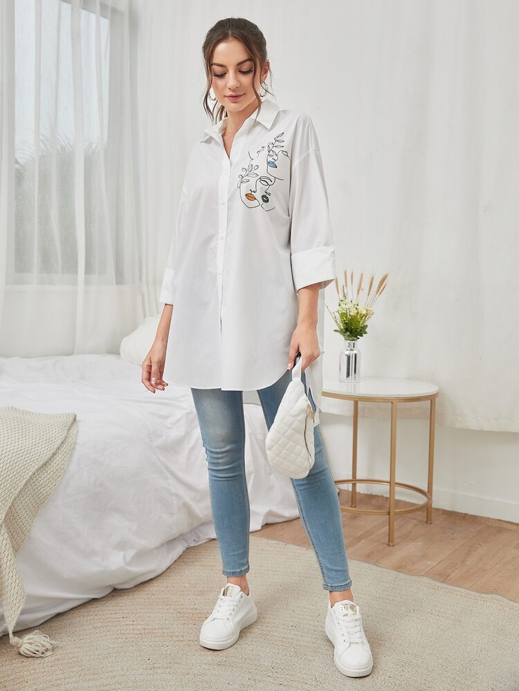 Mulvari Blusa con estampado de figura con botón - Blanco - Añade 5